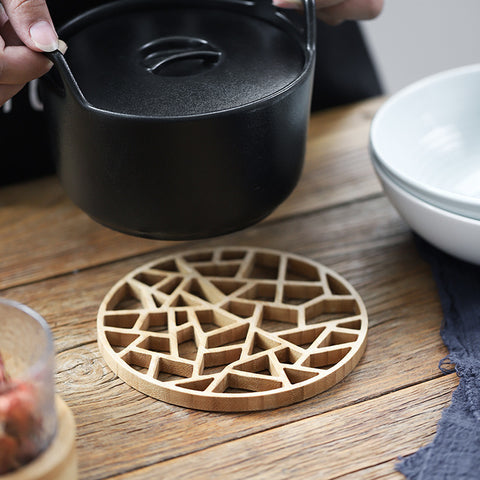 Bamboo And Wood Pot Pad Teapot Pad Creative Hollow Round Multi-Functional Thermal Insulation Pad Carved Plate Pad Casserole Pad