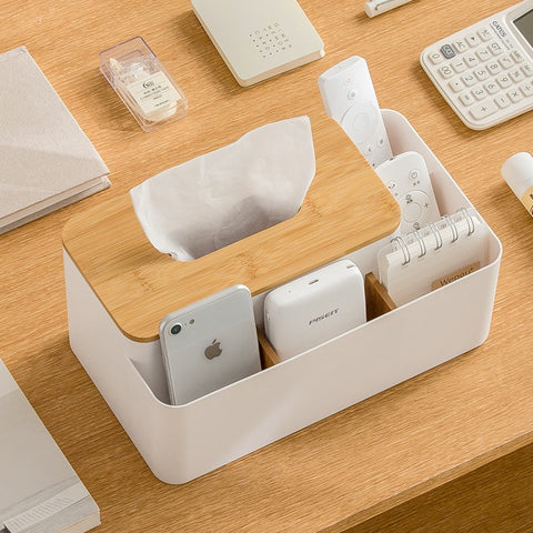 Elevated Extractable Tissue Box Living Room Bamboo Separated Multifunctional Desktop Organizer Remote Control Organizer
